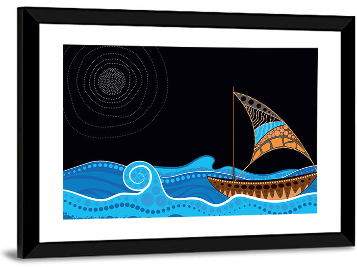 Moonlit Dotted Sailboat Illustration Wall Art as a framed print