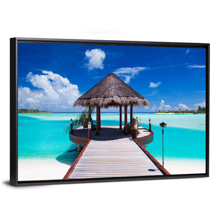 Tropical Jetty with Thatched Gazebo Wall Art as a framed canvas