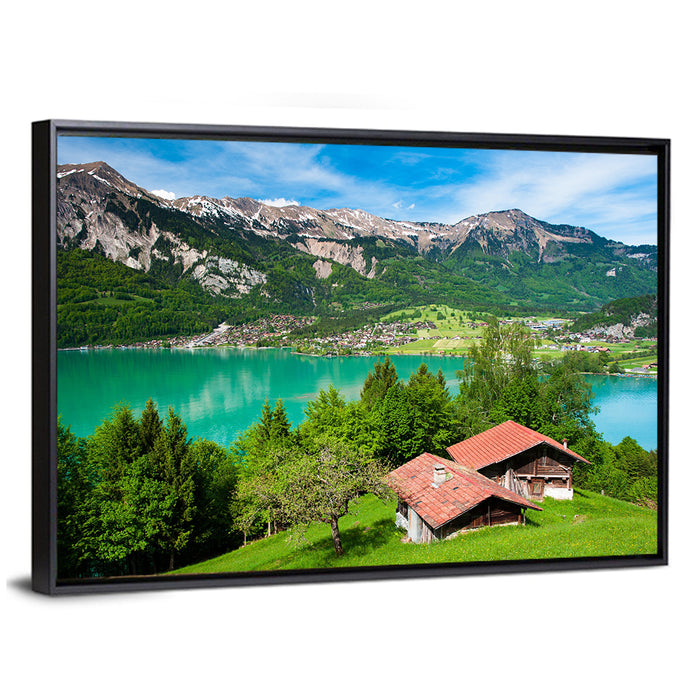 Lake Brienz with Alpine Cabins Wall Art as a framed canvas
