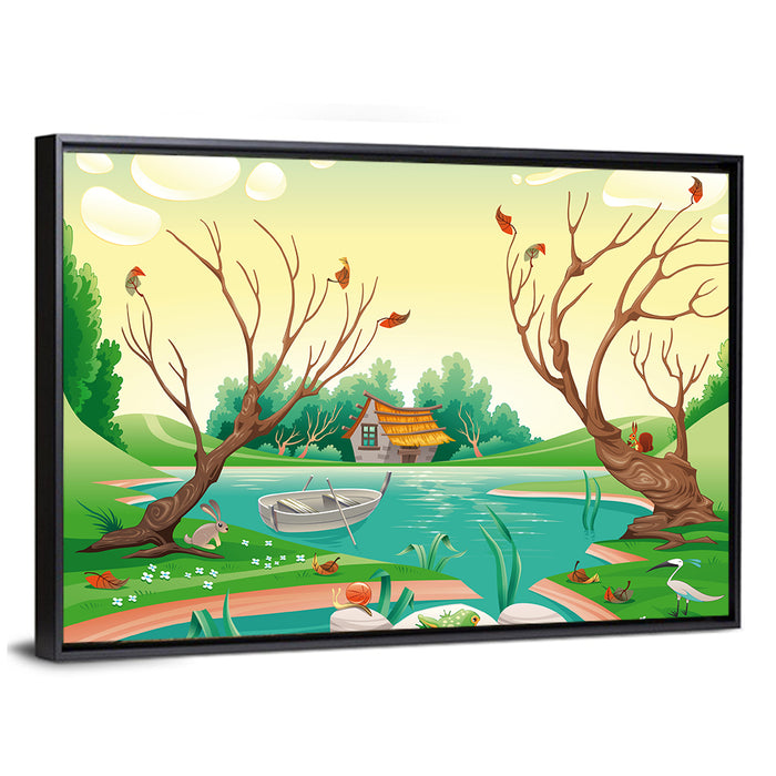 Thatched Village by the Lake Wall Art as a framed canvas