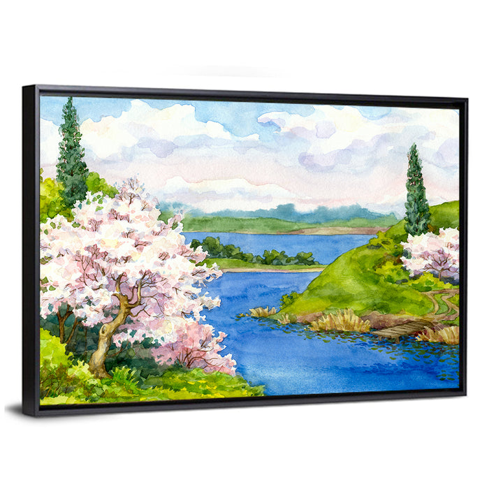 Spring Blossom Lakeside Landscape Wall Art as a framed canvas