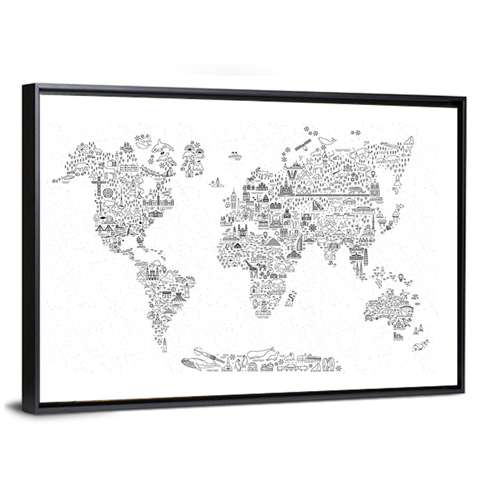 World Map of Travel Icons Wall Art as a framed canvas