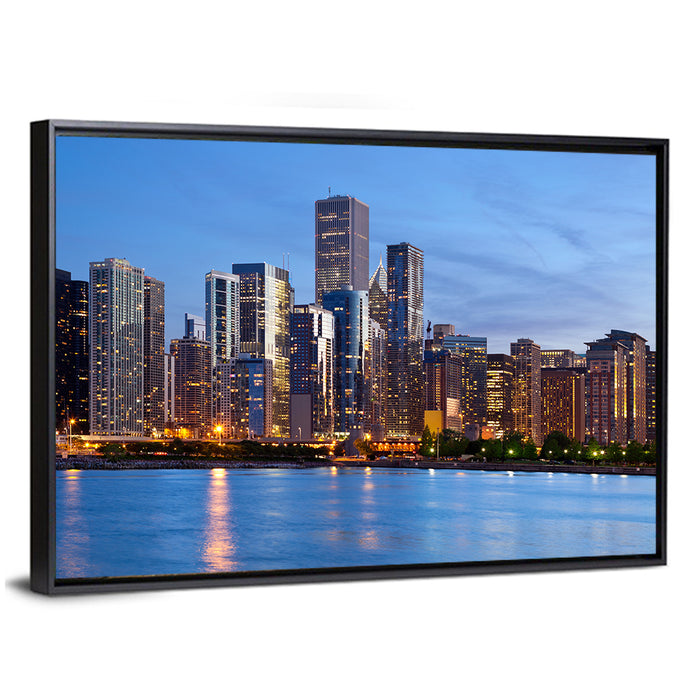 Chicago Skyline at Dusk Wall Art as a framed canvas