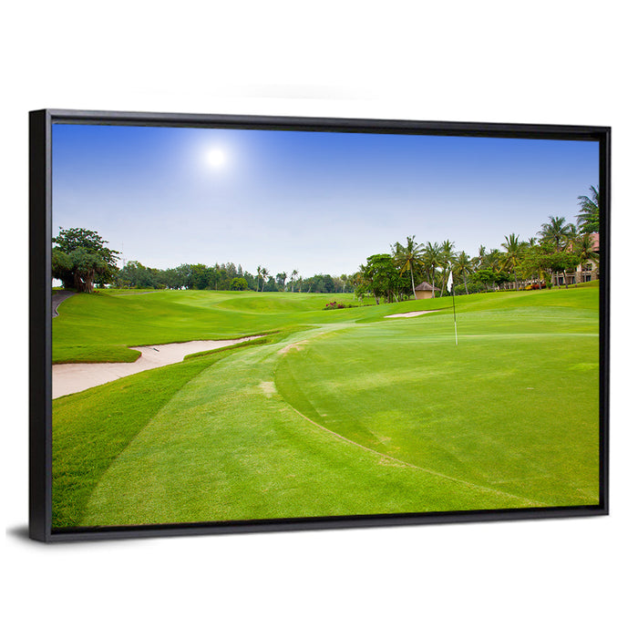Sunny Putting Green with Palm Trees Wall Art as a framed canvas