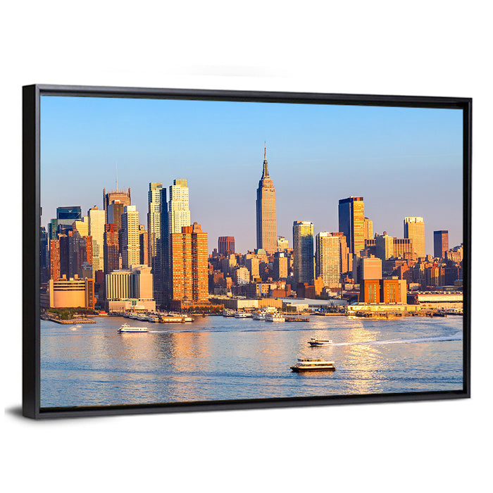 Manhattan Sunrise Over Harbor Wall Art as a framed canvas