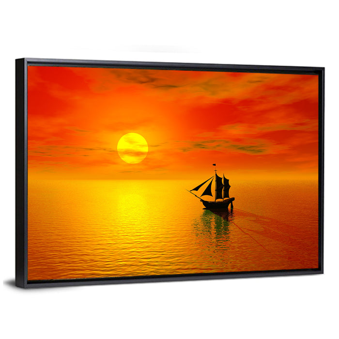 Old Sailboat Silhouette at Sunset Wall Art as a framed canvas
