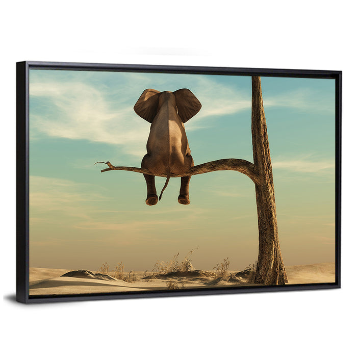 Solitary Elephant on a Tree Branch Wall Art as a framed canvas