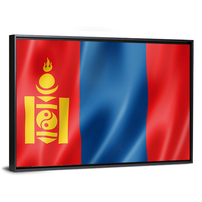 Mongolian Flag with Soyombo Emblem Wall Art as a framed canvas