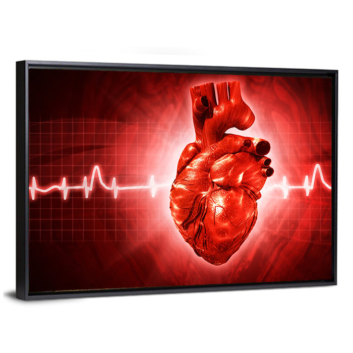 3d Anatomical Heart with Ecg Trace Wall Art as a framed canvas
