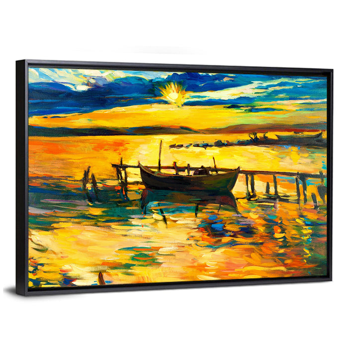 Sunset Boat at Jetty Oil Painting Wall Art as a framed canvas