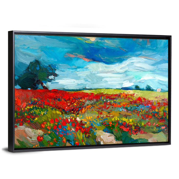 Impressionist Poppy Field Wall Art as a framed canvas