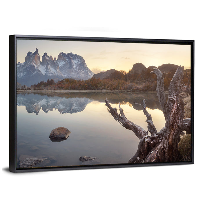Cuernos Peaks and Driftwood, Pehoe Lake Wall Art as a framed canvas