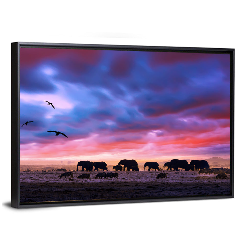 Elephants In Savannah Sunset Wall Art