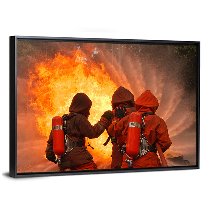 Three Firefighters Training Drill Wall Art as a framed canvas