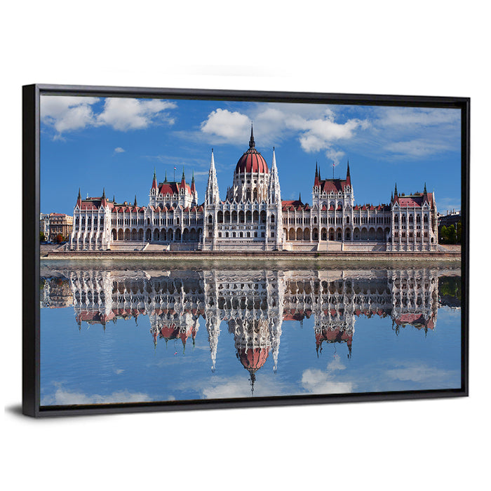 Hungarian Parliament Dome Reflection Wall Art as a framed canvas