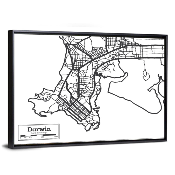 Darwin Minimalist City Map Wall Art as a framed canvas
