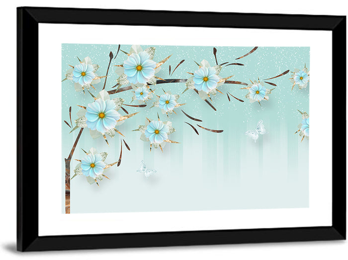 Ethereal Blue Floral Branch Wall Art as a framed print