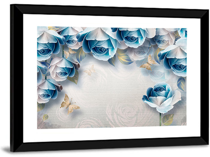 Blue Rose Border with Gold Butterflies Wall Art as a framed print