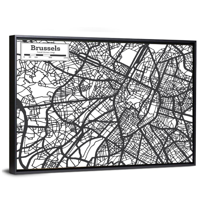 Brussels Hand Drawn City Map Wall Art as a framed canvas
