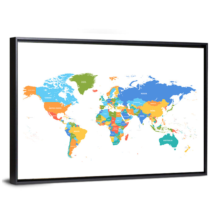 Colorful Political World Map Wall Art as a framed canvas