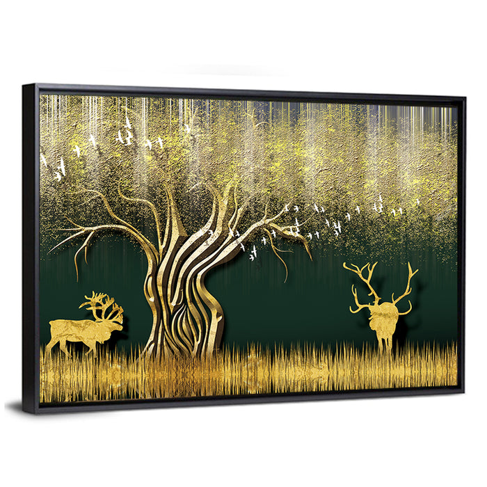 Golden Jungle Deer Scene Wall Art as a framed canvas