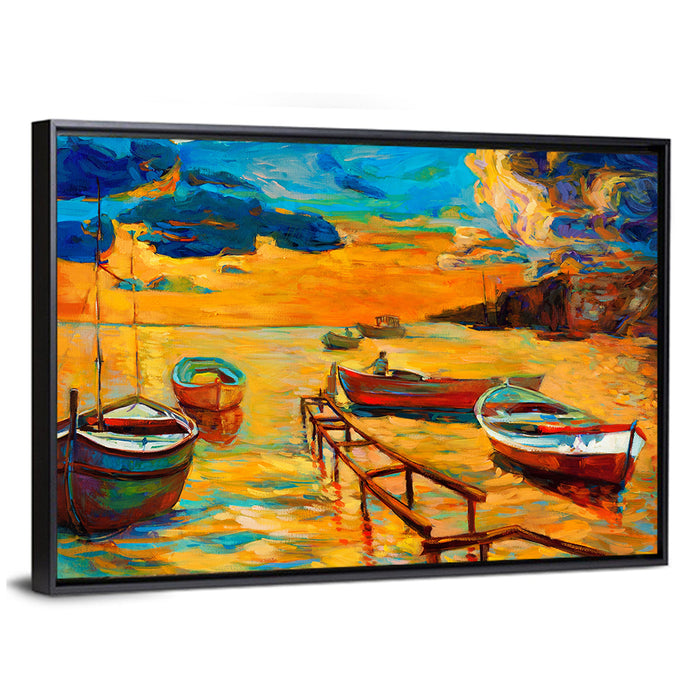 Wooden Pier at Sunset Wall Art as a framed canvas