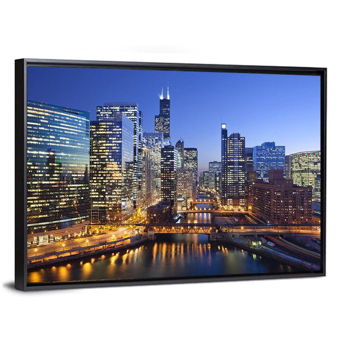Chicago River Night Skyline Wall Art as a framed canvas