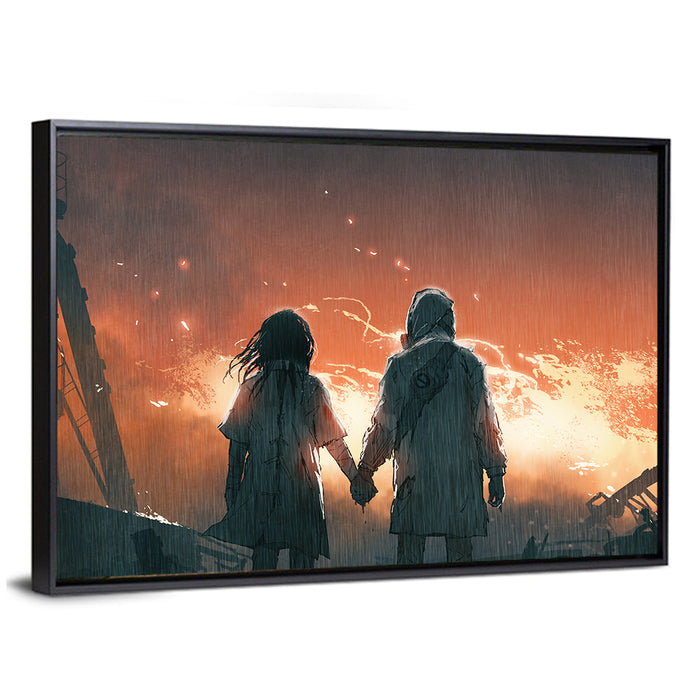 Lovers Before the Flames Wall Art as a framed canvas