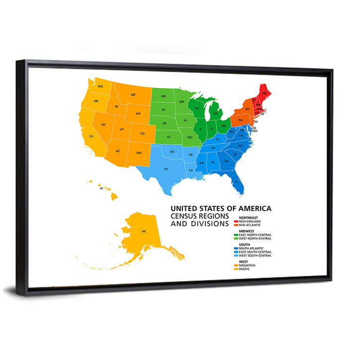 United States Political Map Wall Art as a framed canvas
