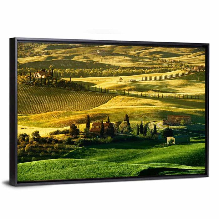 Tuscany Fields at Golden Hour Wall Art as a framed canvas