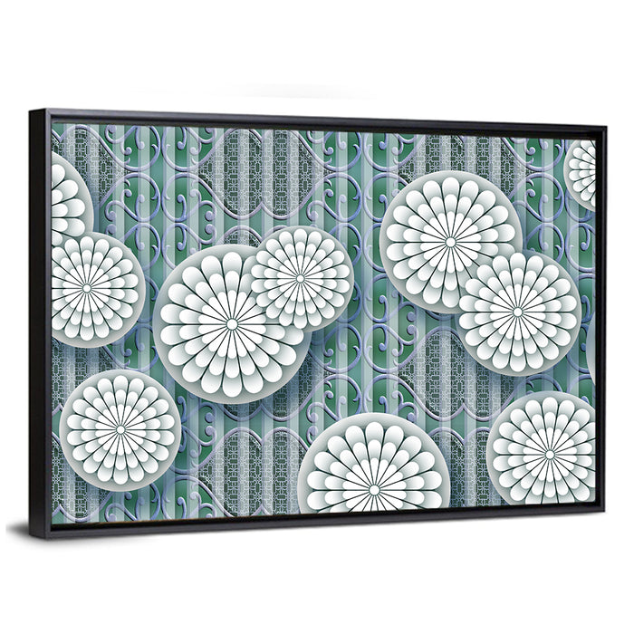 Blue Floral Scrollwork Pattern Wall Art as a framed canvas