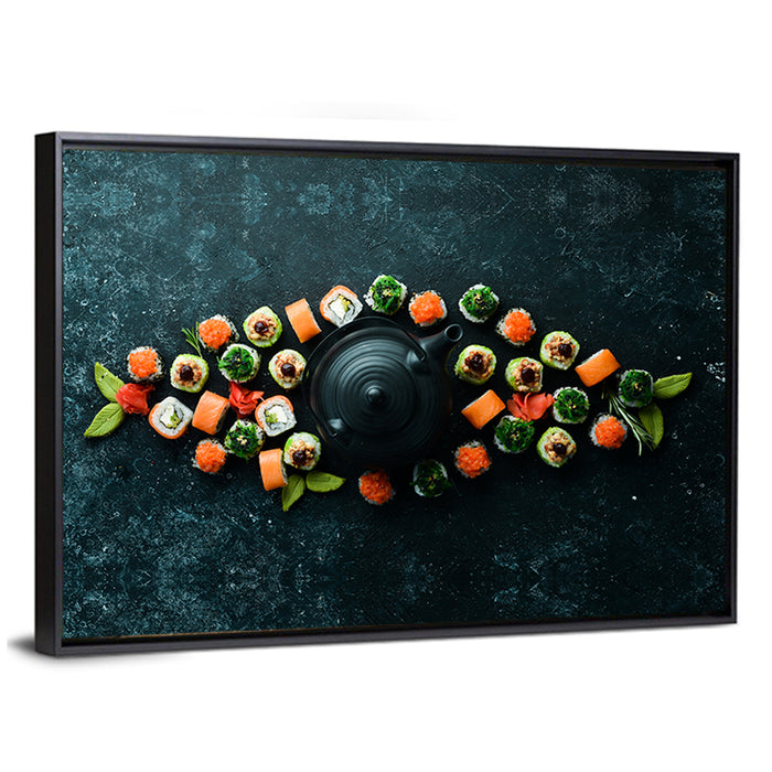 Sushi and Teapot Flat Lay Wall Art as a framed canvas