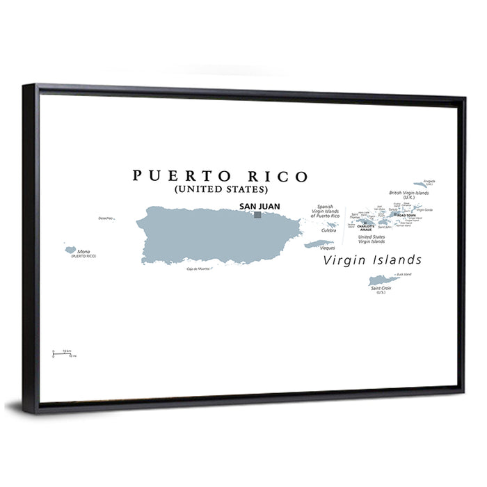 Puerto Rico and Virgin Islands Political Map Wall Art as a framed canvas
