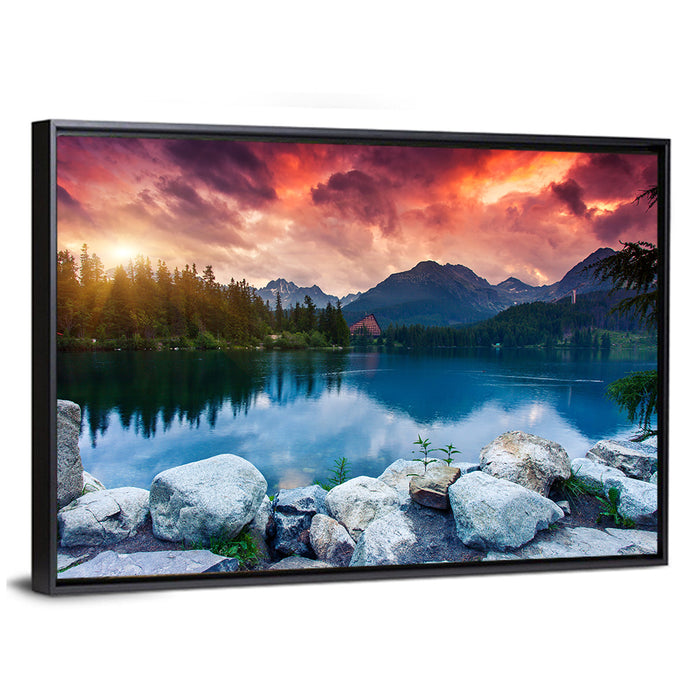 Sunset Over Štrbské Pleso Wall Art as a framed canvas