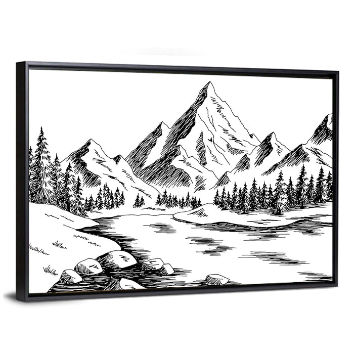 Monochrome Mountain Lake Sketch Wall Art as a framed canvas