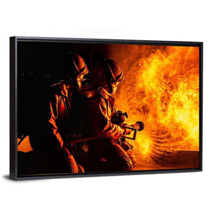 Firefighters Battling Flames Wall Art as a framed canvas
