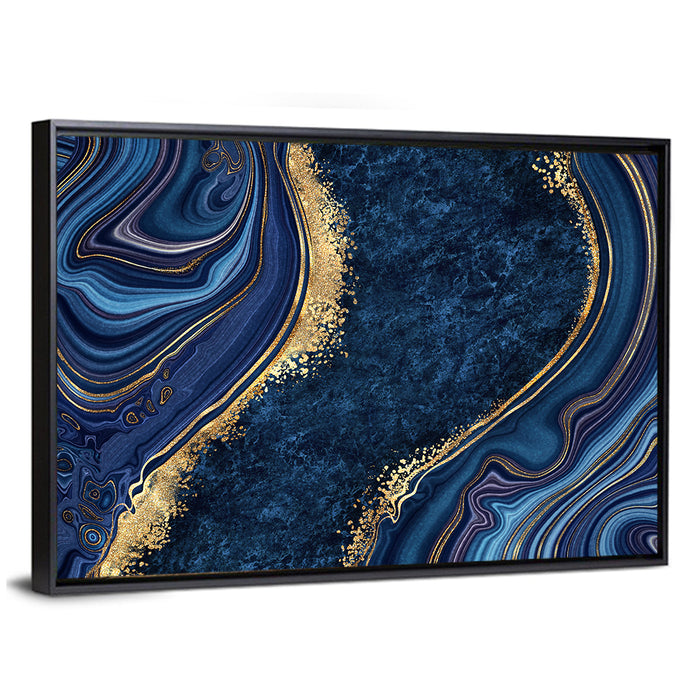 Diagonal Blue Marble with Gold Veins Wall Art as a framed canvas