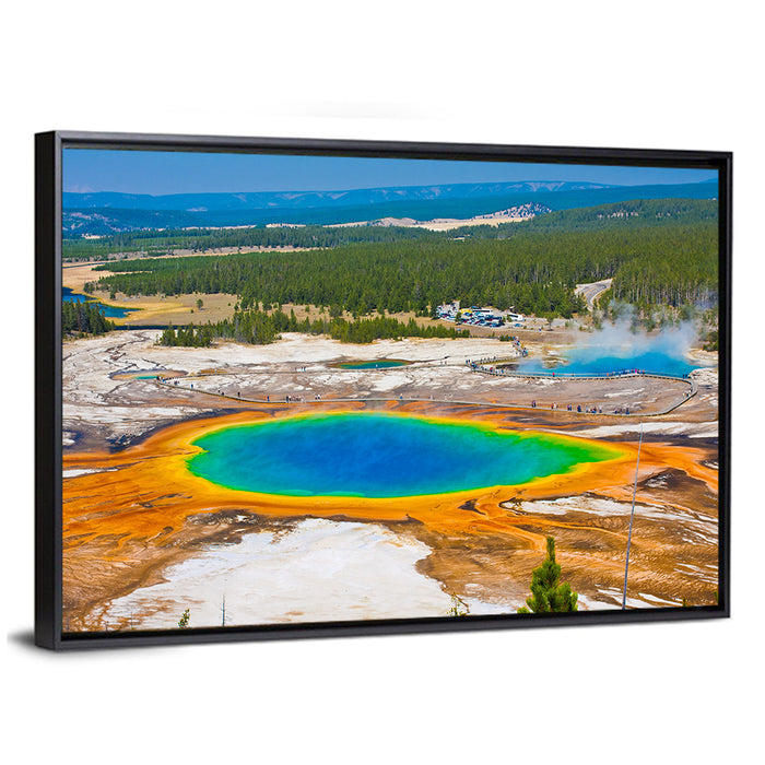 Grand Prismatic Spring Aerial View Wall Art as a framed canvas