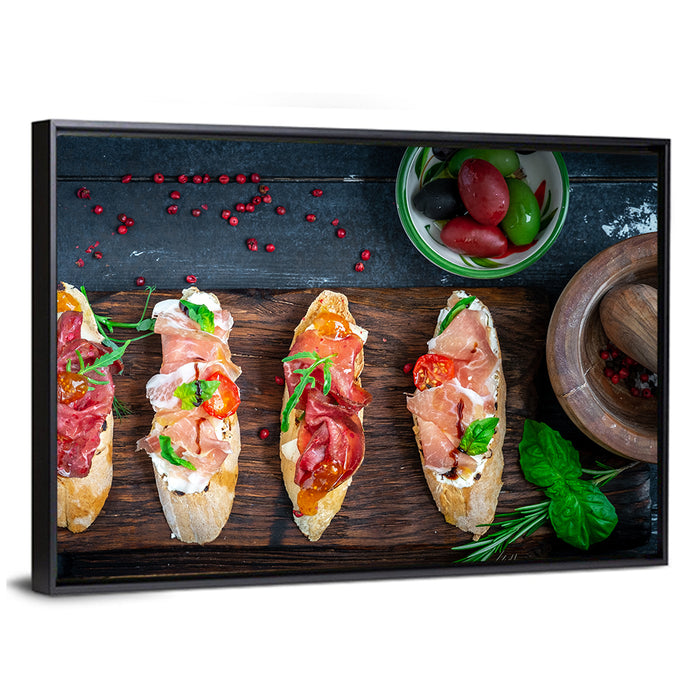 Bruschetta with Prosciutto and Olives Wall Art as a framed canvas