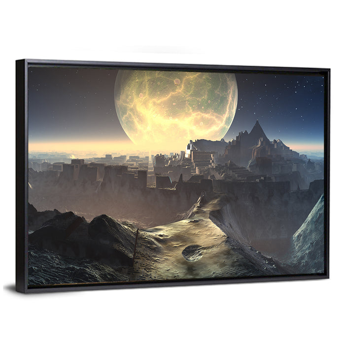 Moonlit Alien City Ruins Wall Art as a framed canvas