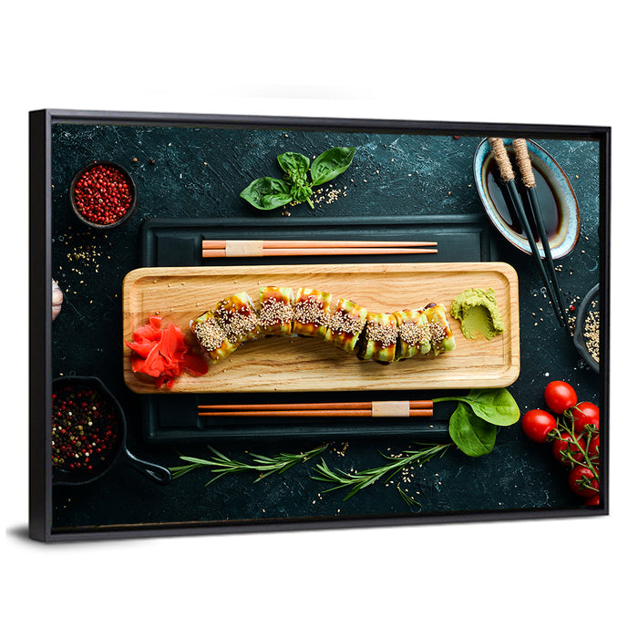 Top-down Sushi Roll with Chopsticks Wall Art as a framed canvas