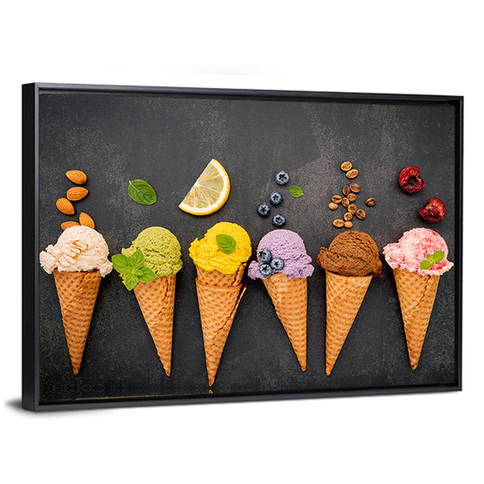 Six Ice Cream Cone Flavors Wall Art as a framed canvas