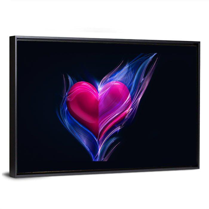 Glowing Pink Heart in Blue Flame Wall Art as a framed canvas