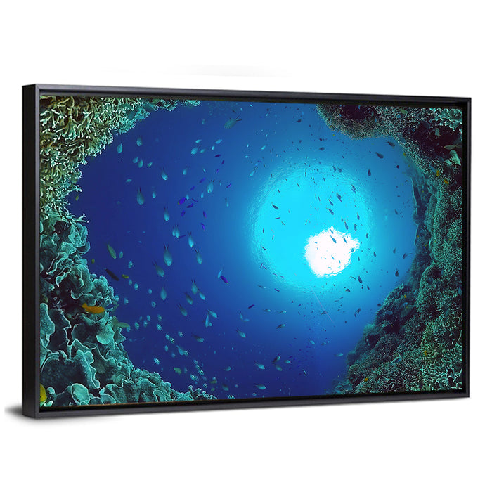 Sunlit Coral Reef with Tropical Fish Wall Art as a framed canvas
