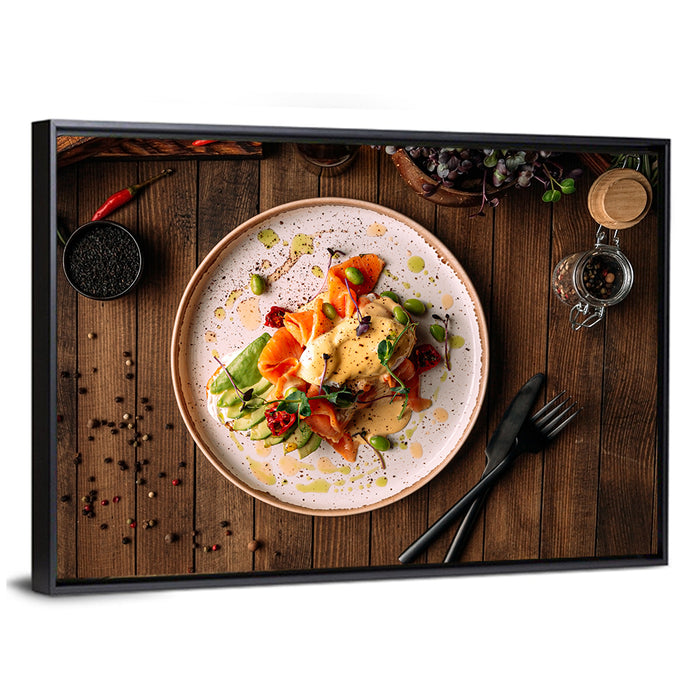 Bruschetta Salmon and Avocado Breakfast Wall Art as a framed canvas