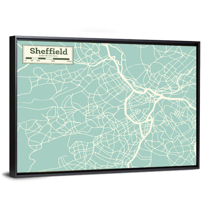 Sheffield City Map, Light Blue Wall Art as a framed canvas