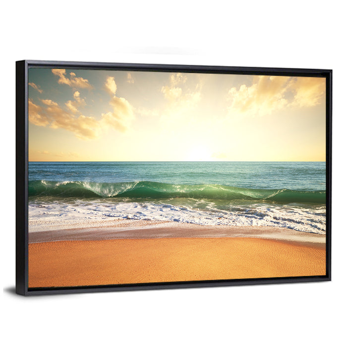 Sunset Over Breaking Wave Wall Art as a framed canvas