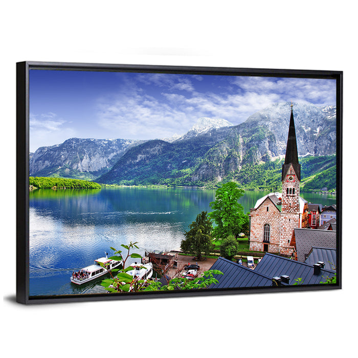 Hallstatt Lake View with Church Tower Wall Art as a framed canvas