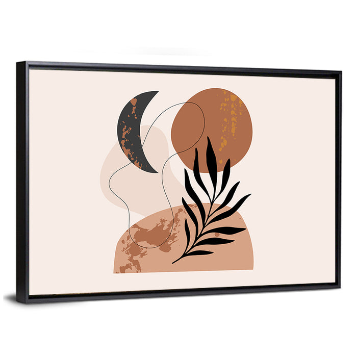 Crescent Moon Botanical Minimalist Wall Art as a framed canvas