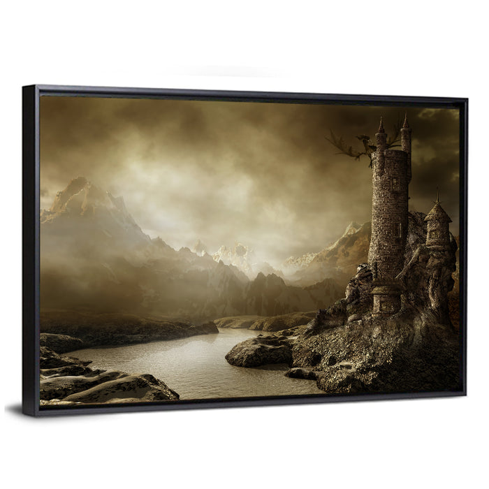 Dragon Perched on Stone Tower Wall Art as a framed canvas